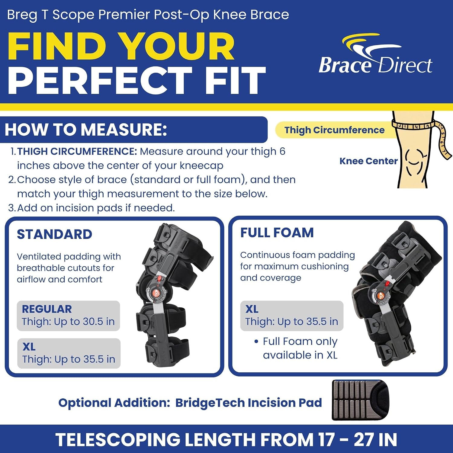 Brace Direct T Scope Premier Post Op Knee Brace Adjustable ROM for ACL MCL PCL Injury Recovery L1833 L1832 (Thighs Up to 30.5')