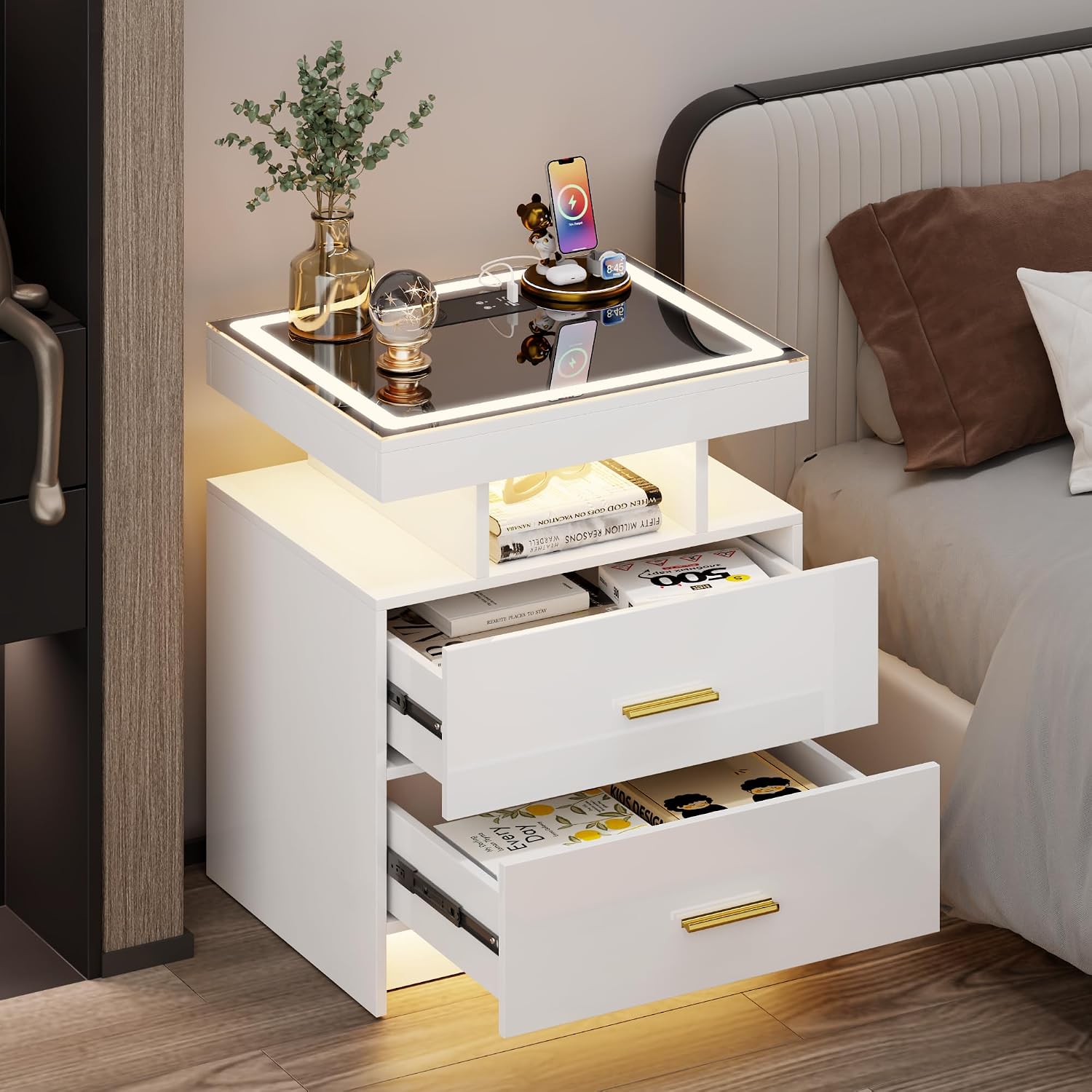 LED Nightstand with Wireless Charging Station - Modern Night Stand with Lights, Glass Top Bedside Table with Drawers for Bedroom, Glossy End Table with Human Body Induction (White)
