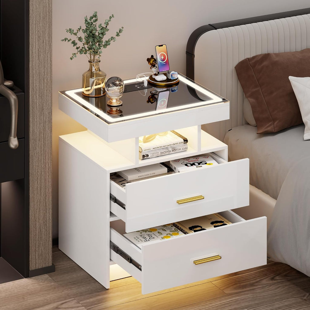Smart LED Nightstand Set of 2 - with - Modern Night Stand with Wireless Charging Station, Glass Top Bedside Table with Drawers for Bedroom, Glossy End Table with Human Body Induction (White)