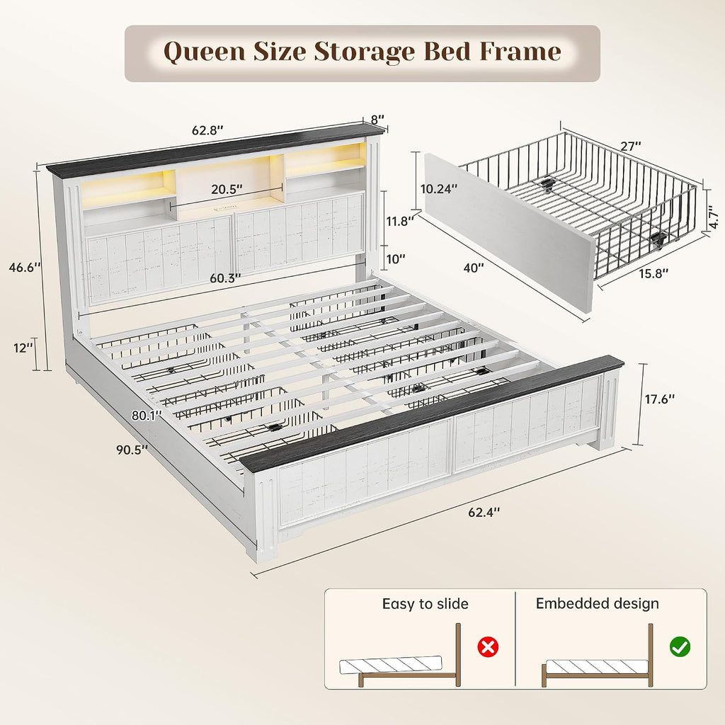 EnHomee Queen Bed Frame with Headboard and Storage, 4 Drawers and LED Built in Charging Station Bed Frame Queen Size with Storage Farmhouse, NO Noise,No Box Spring Needed, White