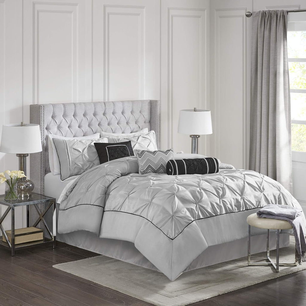 Madison Park Laurel Cozy Comforter Set - Traditional Tufted Faux Silk Design, All Season Down Alternative Bedding with Matching Shams, Decorative Pillow, Grey Cal King(104'x92') 7 Piece