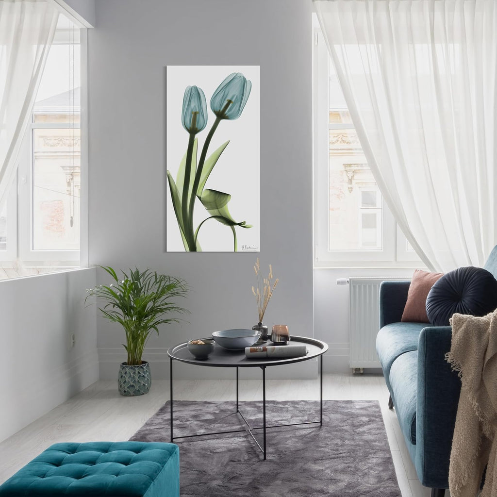 Empire Art Direct Blue Tulips Frameless Reverse Printed Tempered Glass Wall Art, X-ray Flower Wall Decor, Rectangular, Ready to Hang, Living Room, Bedroom, Home Office, 24' x 48' x 0.2'