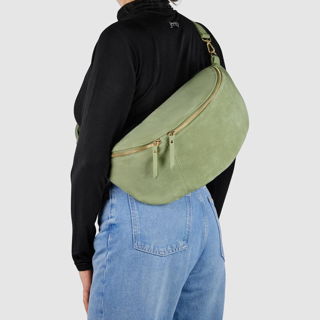 Italian Genuine Suede Crossbody Bag for Women with Zipper & Detachable Strap | Large Travel Chest Sling Fanny Pack (Moss)