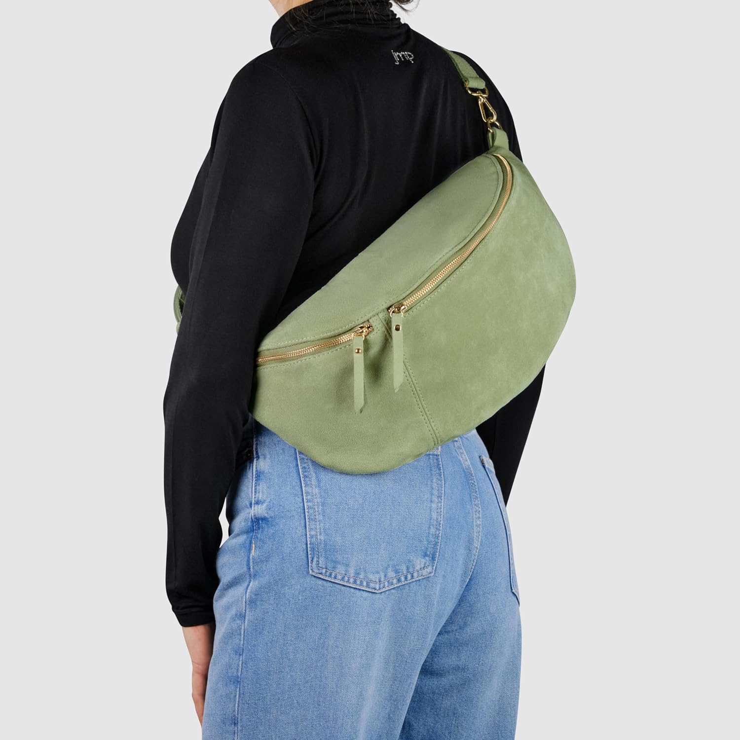 Italian Genuine Suede Crossbody Bag for Women with Zipper & Detachable Strap | Large Travel Chest Sling Fanny Pack (Moss)