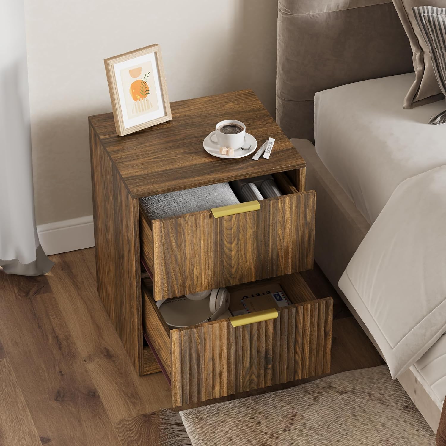 3-Piece Modern Bedroom Furniture Set, Wide 6-Drawer Dresser & 2-Drawer Nightstands Set of 2, Natural Wood Dresser and Nightstand Sets for Bedroom, Hallway, Walnut