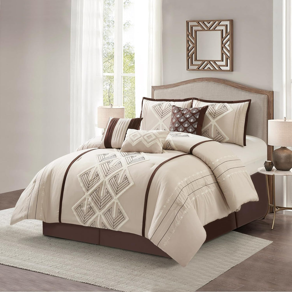 Stratford Park Brown Comforter Set King Size, 7 Piece, Terry Embroidery Geometric Home Decor, Matcking Bed Skirt, Pillows & Shams, All Season Bedding Set