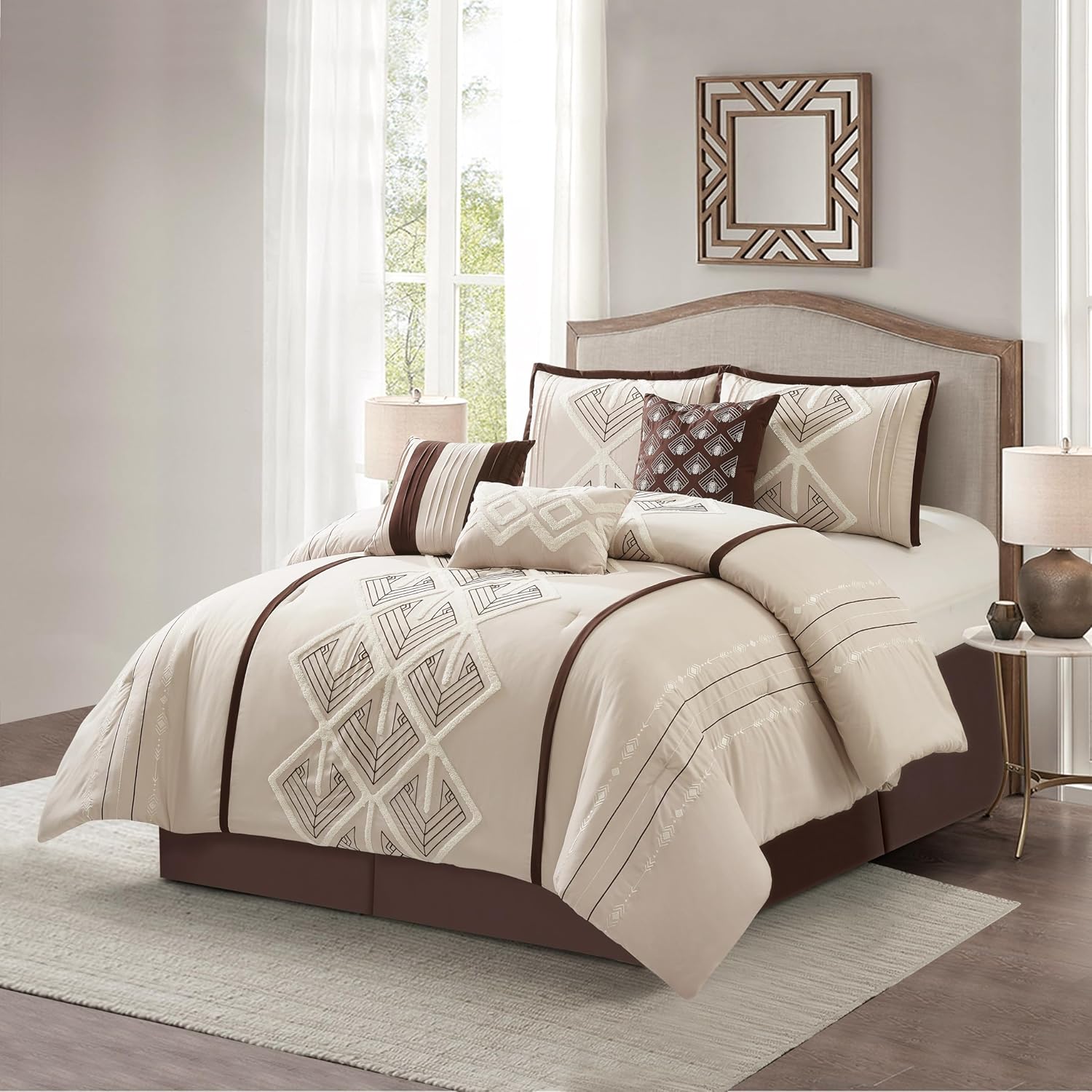 Stratford Park Brown Comforter Set King Size, 7 Piece, Terry Embroidery Geometric Home Decor, Matcking Bed Skirt, Pillows & Shams, All Season Bedding Set