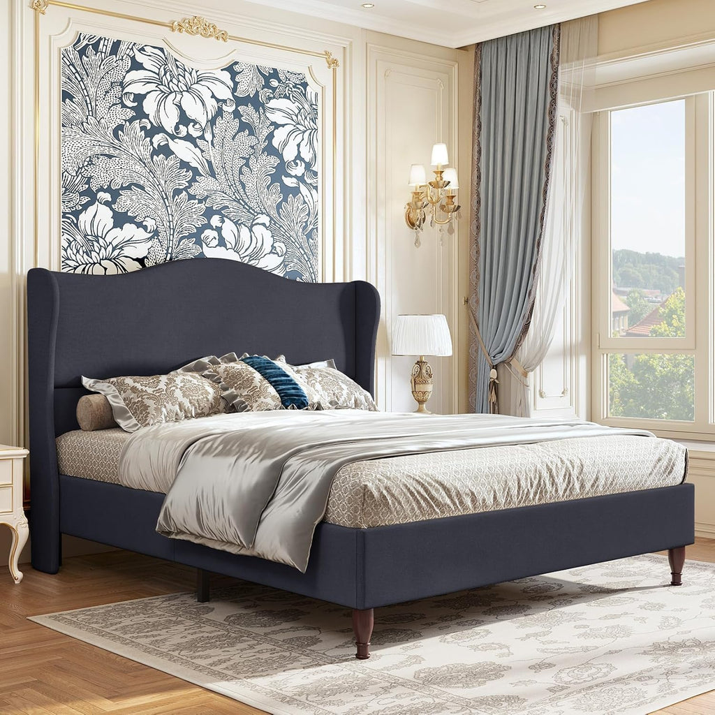 koorlian Full Size Bed Frame Upholstered Platform Bed with 51'' Tall Fabric Headboard and Wooden Slats Support, Retro Minimalist Style/Fully Upholstered/Easy Assembly, Dark Navy