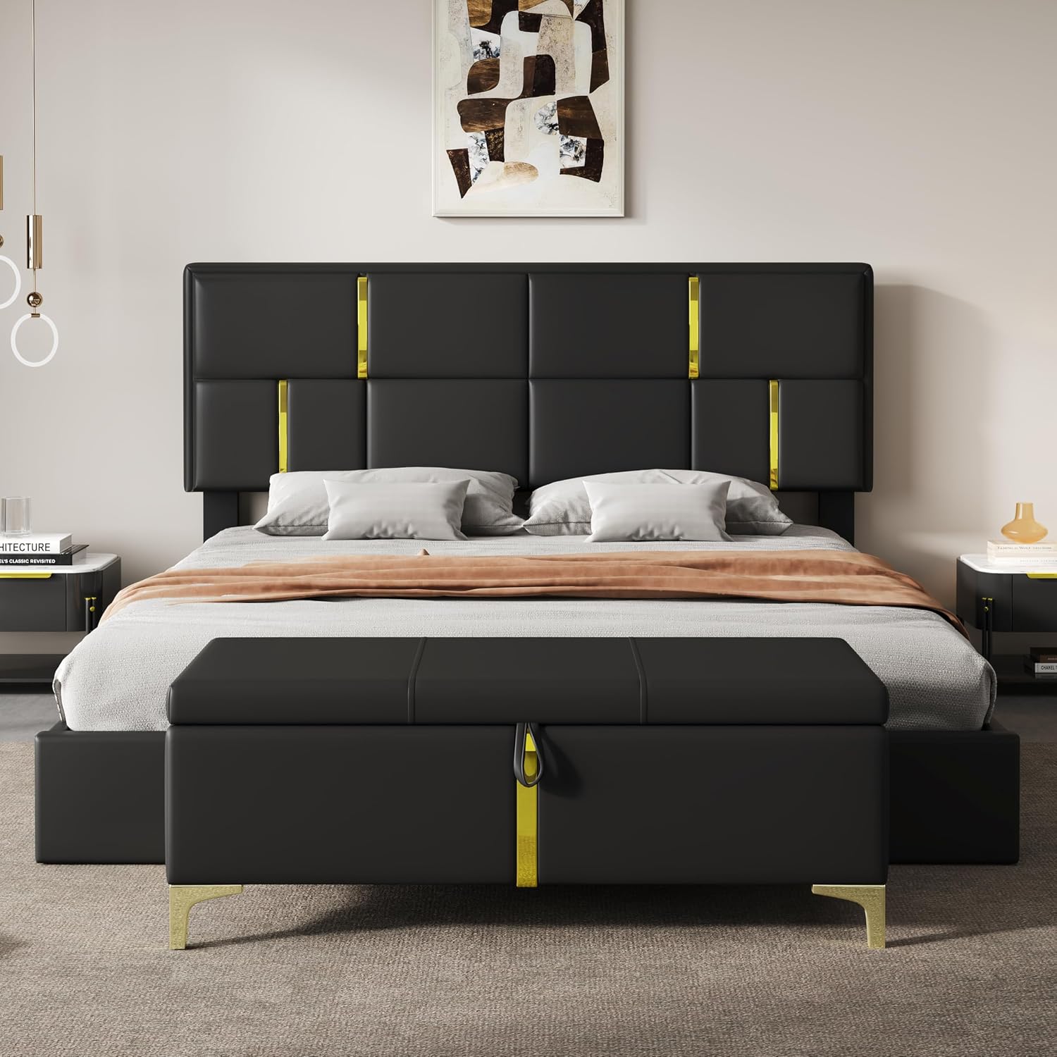 JIJIWANG Queen Size Lift Up Storage Bed with Ottoman - Upholstered Platform Bed Frame with Hydraulic Storage System, Modern Wingback Headboard, Wood Slats Support, No Box Spring Needed, Black
