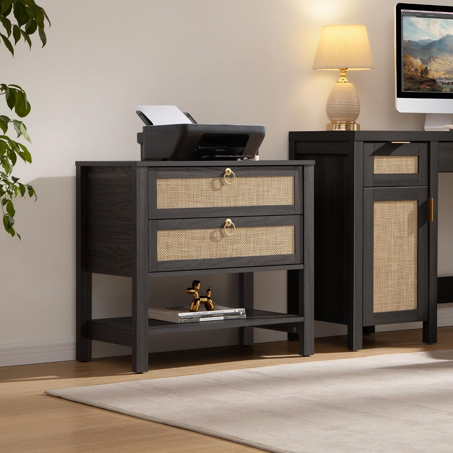 SICOTAS Night Stands Set of 2 for Bedroom, Large Bedside Tables with Drawer & Open Shelf, Wide Boho Rattan Nightstand Set Narrow Side Table for Master Bedroom