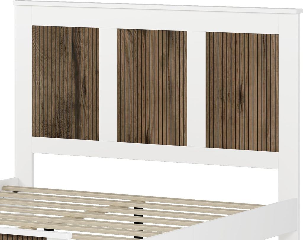 Merax Queen Size Farmhouse Wooden Platform Bed,Modern Bed Frame with Wooden Strip Decoration Headboard and Footboard, Plywood Slats Support, No Box Spring Required, White