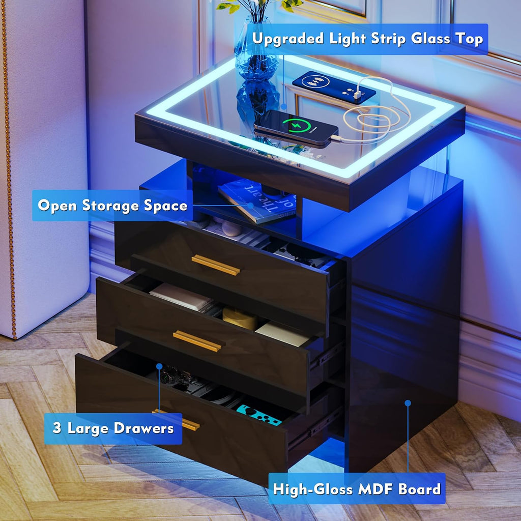 Lvifur 2 Set Nightstands with Wireless Charging Station for Bedroom, Auto Sensor 3 Color Dimmable LED End Table, Modern Bedside Table with 3 Drawers & 3 Open Compartments (2 x Black)