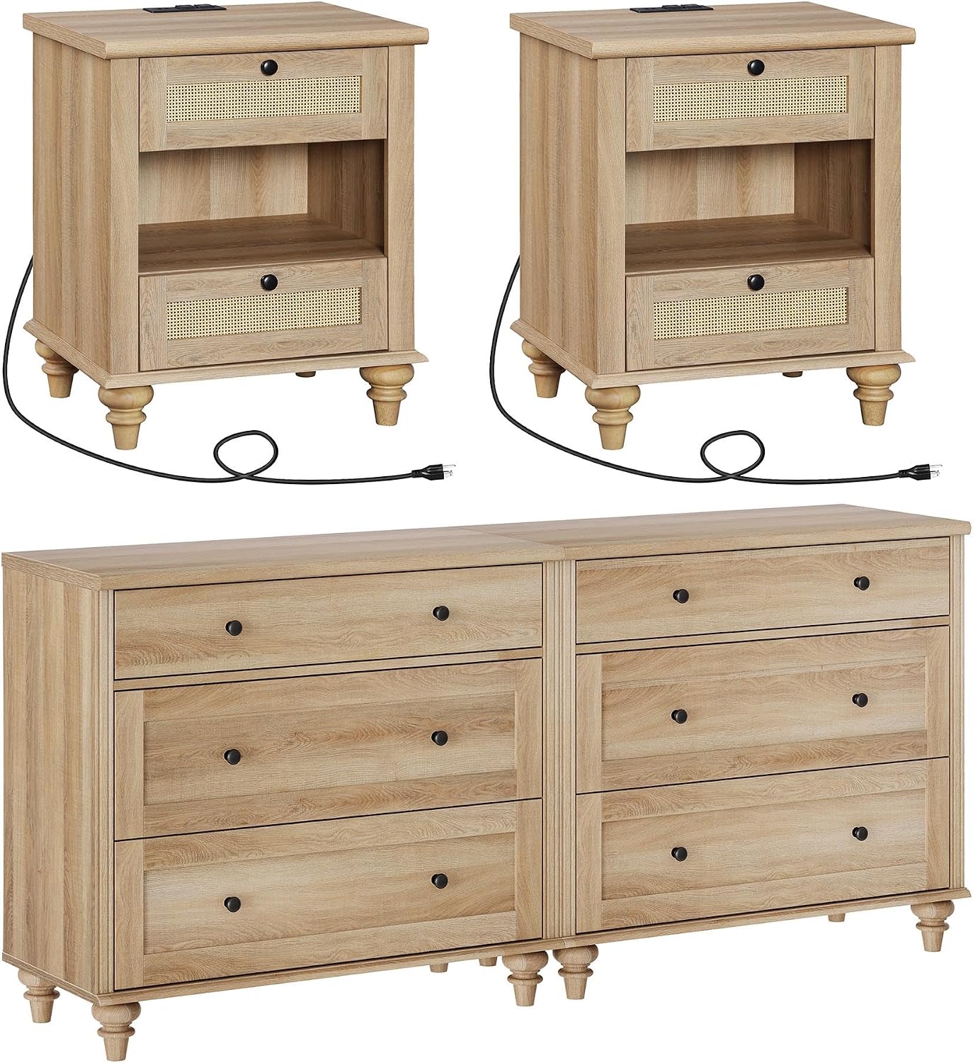 WAMPAT 4 Piece Dresser and Nightstand Sets - Includes Two Farmhouse 3 Drawer Dressers for Bedroom, Set of 2 Side Tables Bedside Table with Charging Station, 4 Piece Bedroom Set, Oak