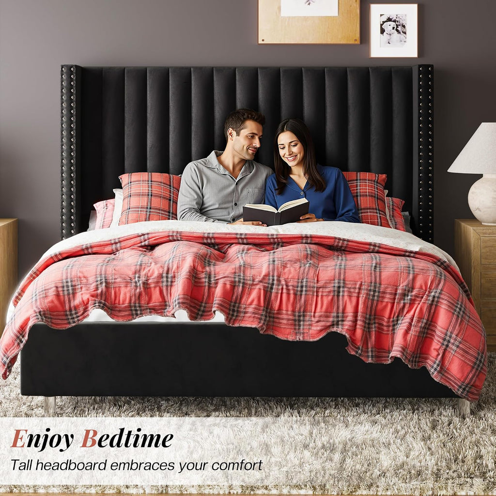 Jocisland Queen Bed Frame with 49.2' Tall Wingback Headboard,Velvet Upholstered Platform Bed for Couples,Guest Bedrooms & Apartments,No Box Spring Needed, Easy Assembly, Black