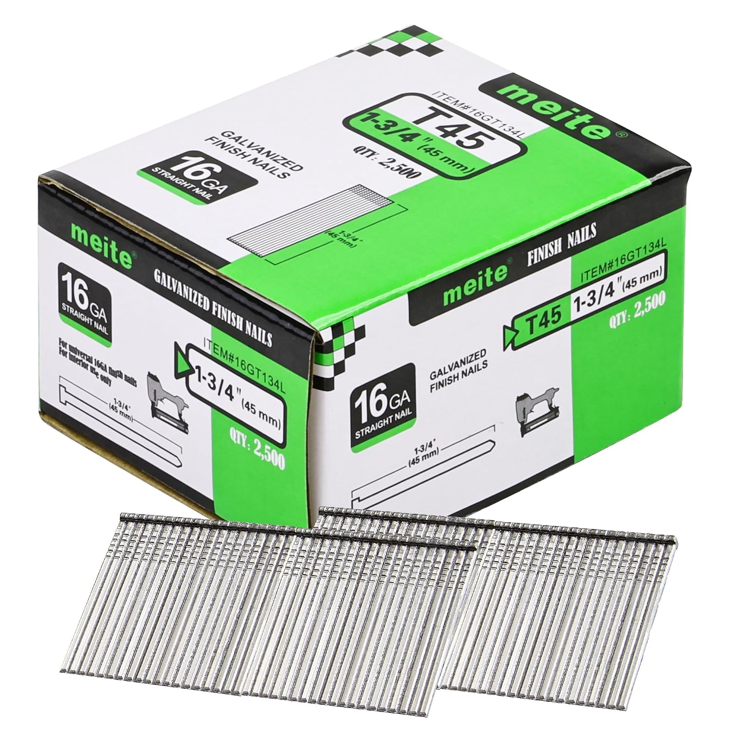 meite 16 Gauge Finish Nails 1-3/4 Inch Galvanized Straight Finishing Nails for Finish Nailer Gun Window Casing Baseboard Crown Molding, 1 Case/30,000PCS