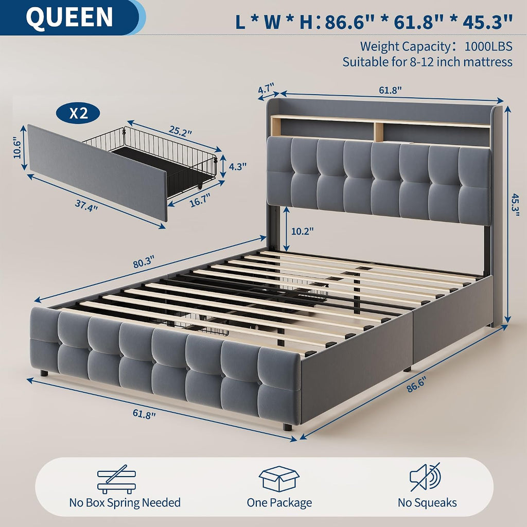 Garvee Queen Size Bed Frame with 2 Storage Drawers, Upholstered Bed Frame Queen with LED Light, Double-Layer Bedside Headboard with Charging Socket and USB Port, Soft Plush Fabric, Grey