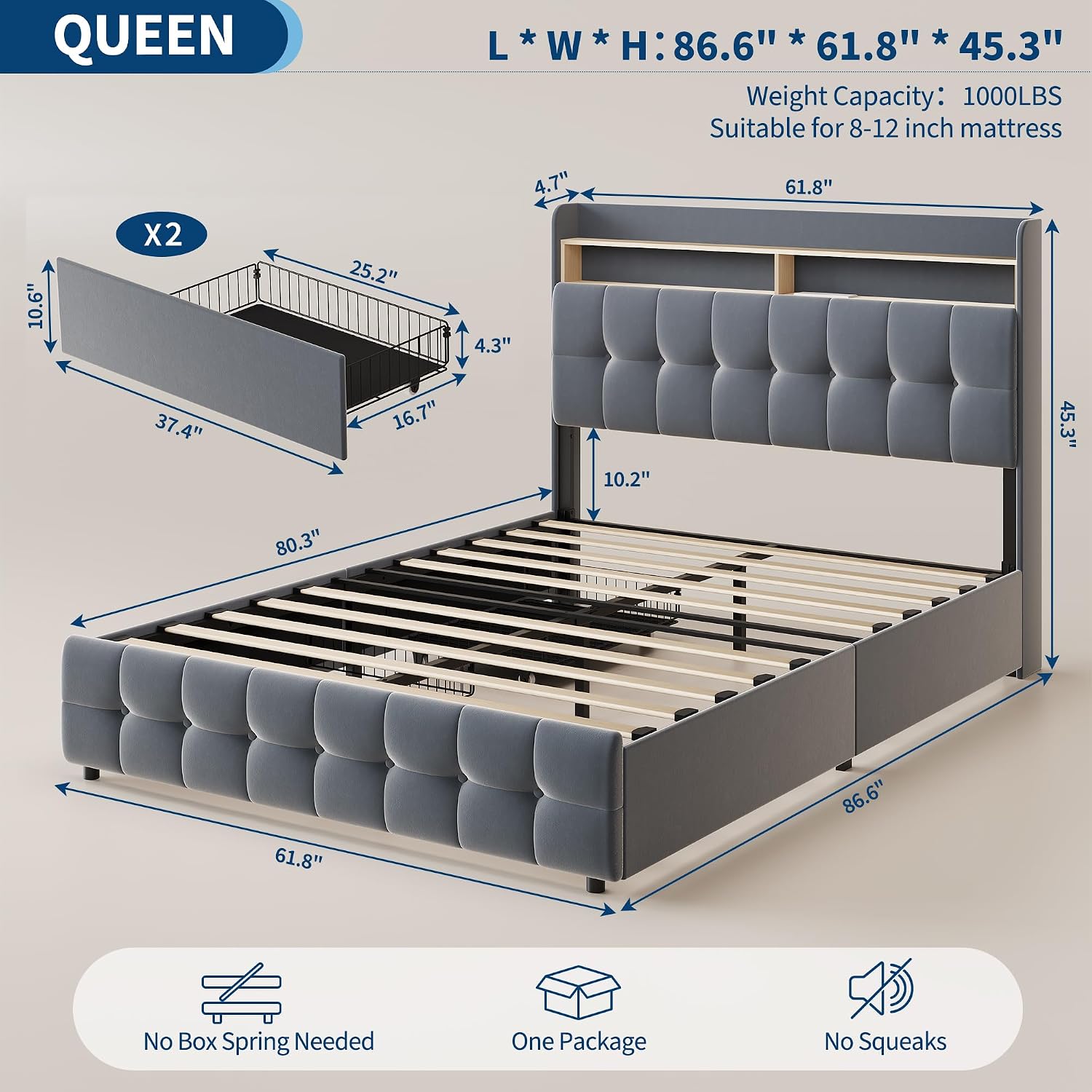 Garvee Queen Size Bed Frame with 2 Storage Drawers, Upholstered Bed Frame Queen with LED Light, Double-Layer Bedside Headboard with Charging Socket and USB Port, Soft Plush Fabric, Grey