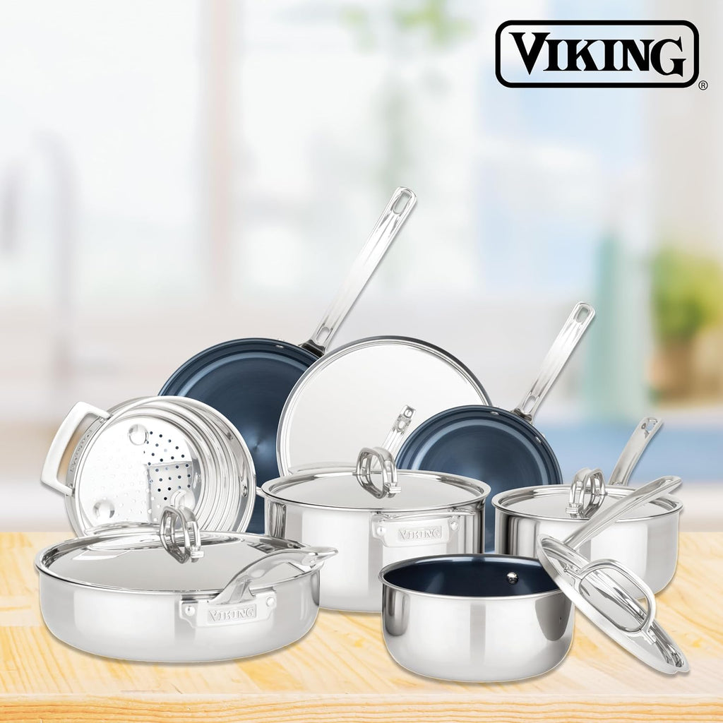 Viking 4-Ply Frying Pan, 8 Inch Laser Clad Titanium Performance Ti Kitchen Cookware, Blue/SIlver