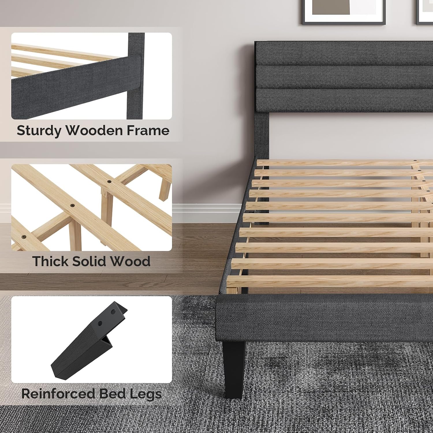 VINGLI King Size Bed Frame and Headboard,Panel Soft Bed with Linen Fabric Upholstered Padding, Low Profile Bed with Durable Wooden Slats Support, No Squeak, Dark Gray