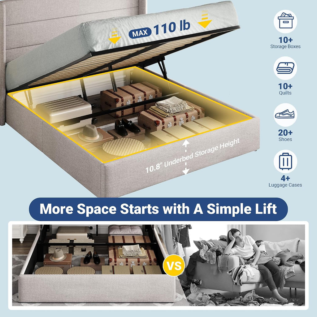 Allewie Full Size Lift Up Storage Bed, Modern Wingback Headboard, Hydraulic Support, No Box Spring Needed, Light Beige