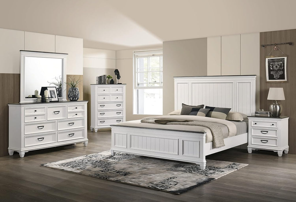 Clelane Wood Bedroom Set with Shiplap Panel King Bed, Dresser, Mirror, Nightstand, and Chest in Weathered White and Dark Gray