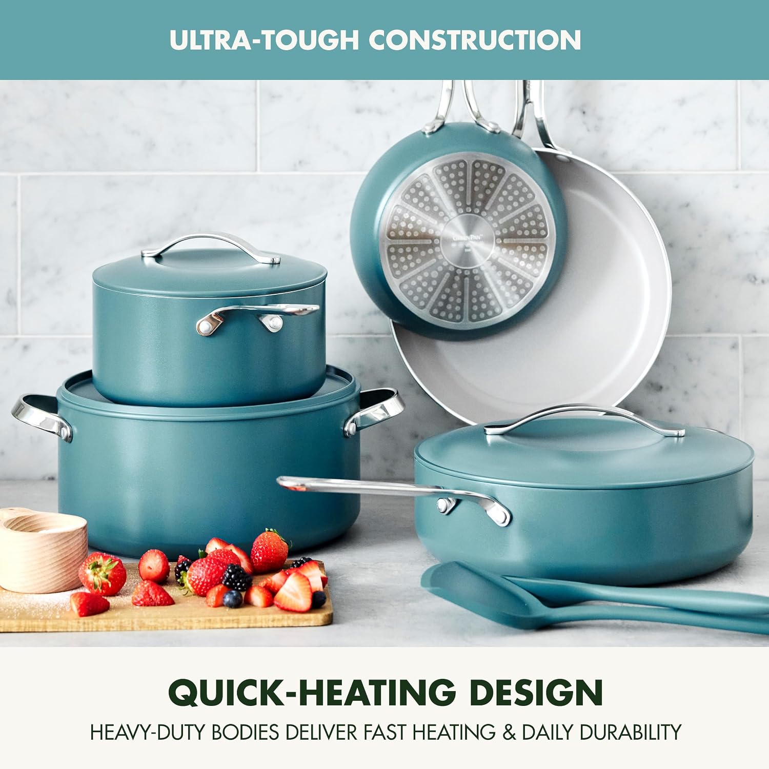GreenPan Nova 10-Piece Cookware Pots & Pans Set, Oprah's Favorite Things 2024, PFAS-Free Ceramic Nonstick, Fry, Sauté, Stockpot, Utensils, Lids, Induction Suitable, Dishwasher & Oven Safe, Deep Teal
