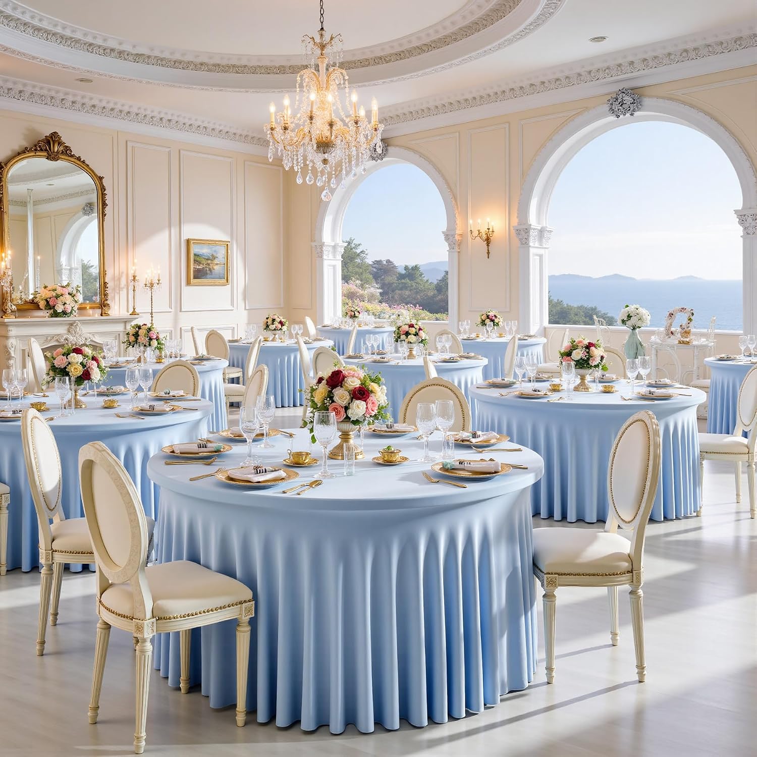 6 pk Blue Round Spandex Tablecloths 60 in with Ruffled Skirt,Wrinkle Free High-Stretch 120 inch Table Cloth Round Fitted 5ft Tables Baby Blue Spandex Table Covers 5ft for Party Wedding Banquet