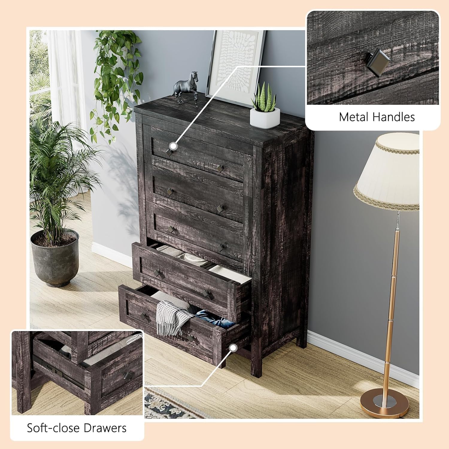 LUXOAK Farmhouse Bedroom Furniture 4 Pieces, 1 X Wood Rustic 6 Drawer Storage Dresser, 1 X 5 Drawer Dresser, Nightstand Set of 2 with Charging Station, Farmhouse Bedroom Set, Black