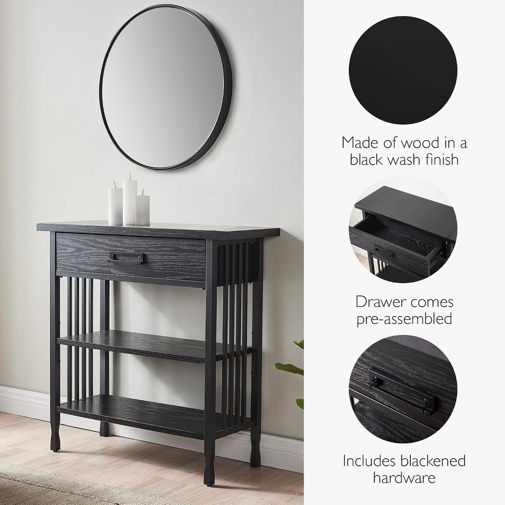 Leick Home Ironcraft Bookshelf, Solid Wood, 1 Drawer, 2 Shelves, Blackened Hardware, Slatted Sides, Easy Assembly, Black Wash, 12 in W x 30 in L x 30 in H, Item 11261-BK