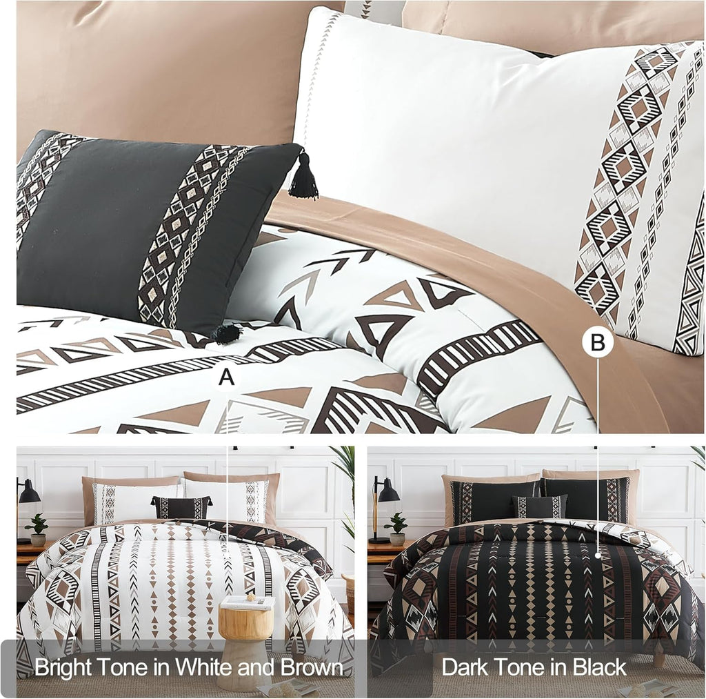 Geniospin Super King Plus Size Comforter Set- 7 Pieces Boho Bed in a Bag, Western Bedding Set for All Seasons, Reversible Aztec Bedding, Lightweight Comforter Bed Set with Sheets, Pillowcases & Shams
