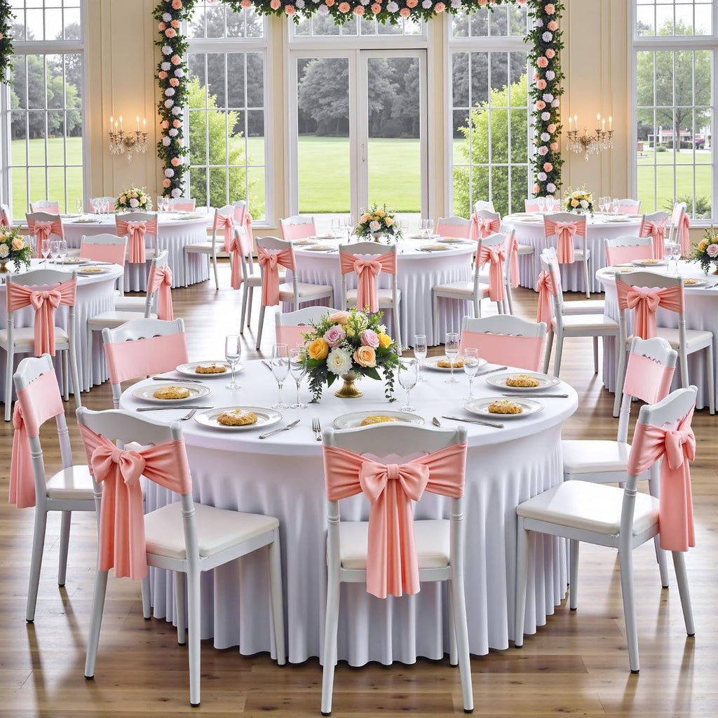 6 pk White Spandex Round Tablecloth 72 in with Ruffled Skirt,Wrinkle Free High-Stretch 132 inch Fitted 6ft Table Cloths Round Elastic Spandex Table Covers 6ft for Party Wedding Banquet Dinning