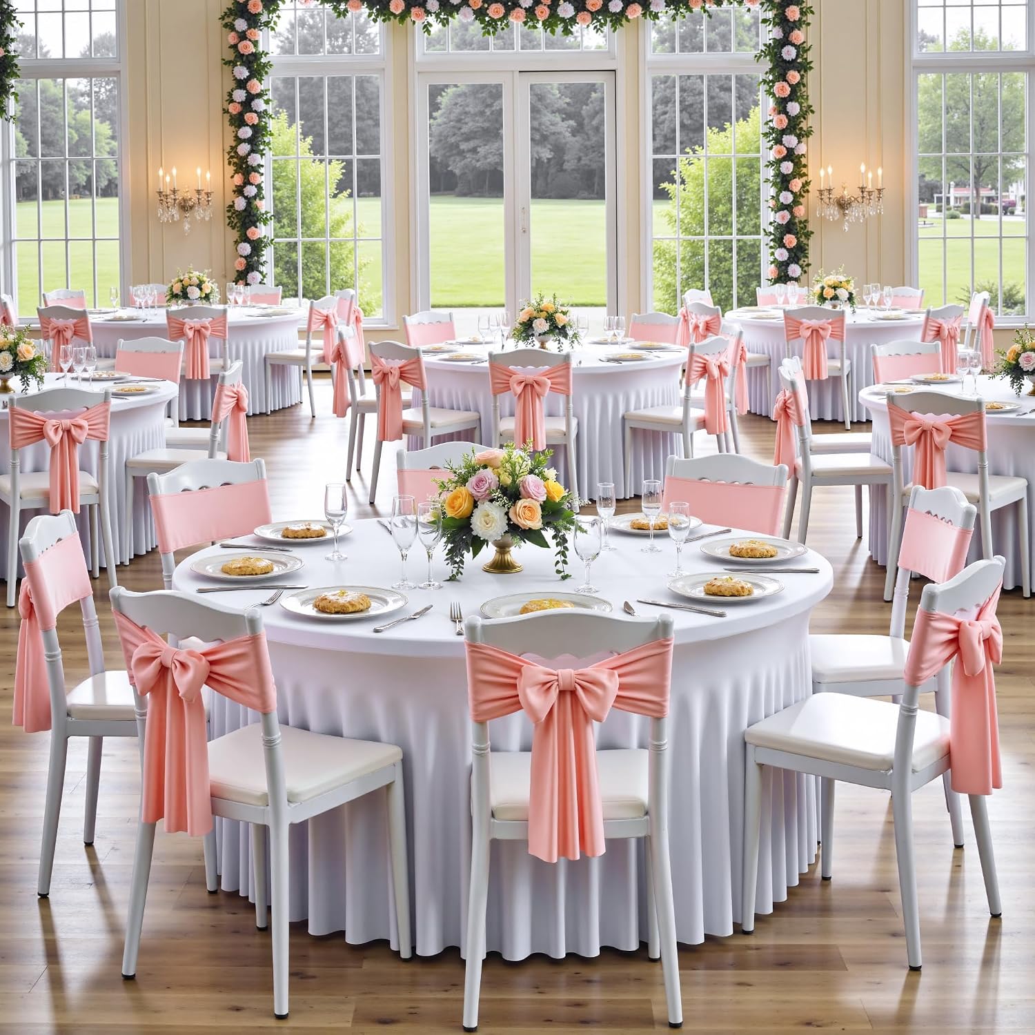 6 pk White Spandex Round Tablecloth 72 in with Ruffled Skirt,Wrinkle Free High-Stretch 132 inch Fitted 6ft Table Cloths Round Elastic Spandex Table Covers 6ft for Party Wedding Banquet Dinning