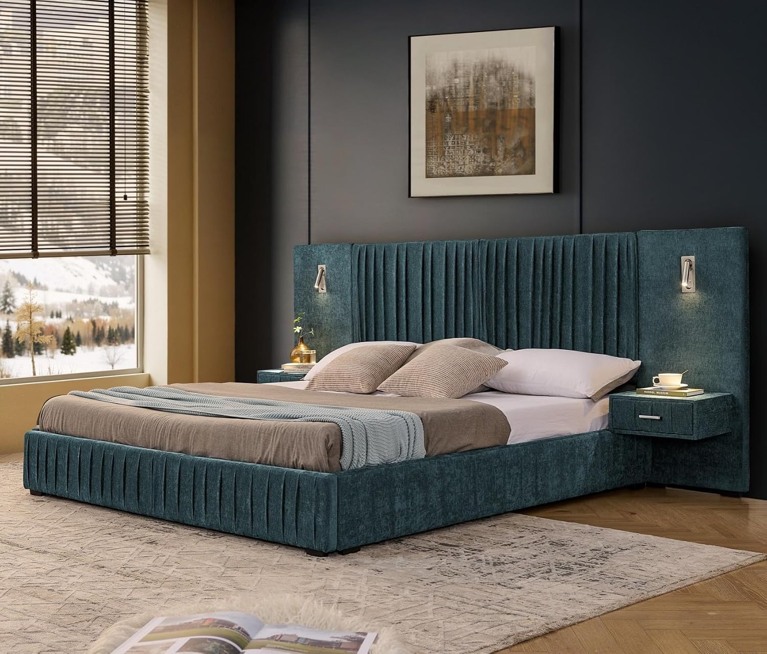 KEIKI King Size Chenille Bed Frame with 2 Nightstands, Lamps & Oversize Headboard, Solid Wood Frame Platform Night Stand Bedroom Set, Upholstered Floor Grounded Bed, No Box Spring Needed, Blue Green