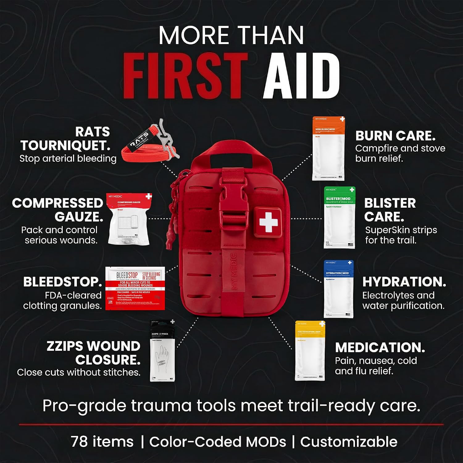 My Medic Sidekick Pro - Camping Hiking and Backpacking First Aid Kit - 70 Items with Tourniquet - HSA and FSA Eligible - Small Ifak Great for Travel or Motorcycle - Portable Emergency Kit – Red