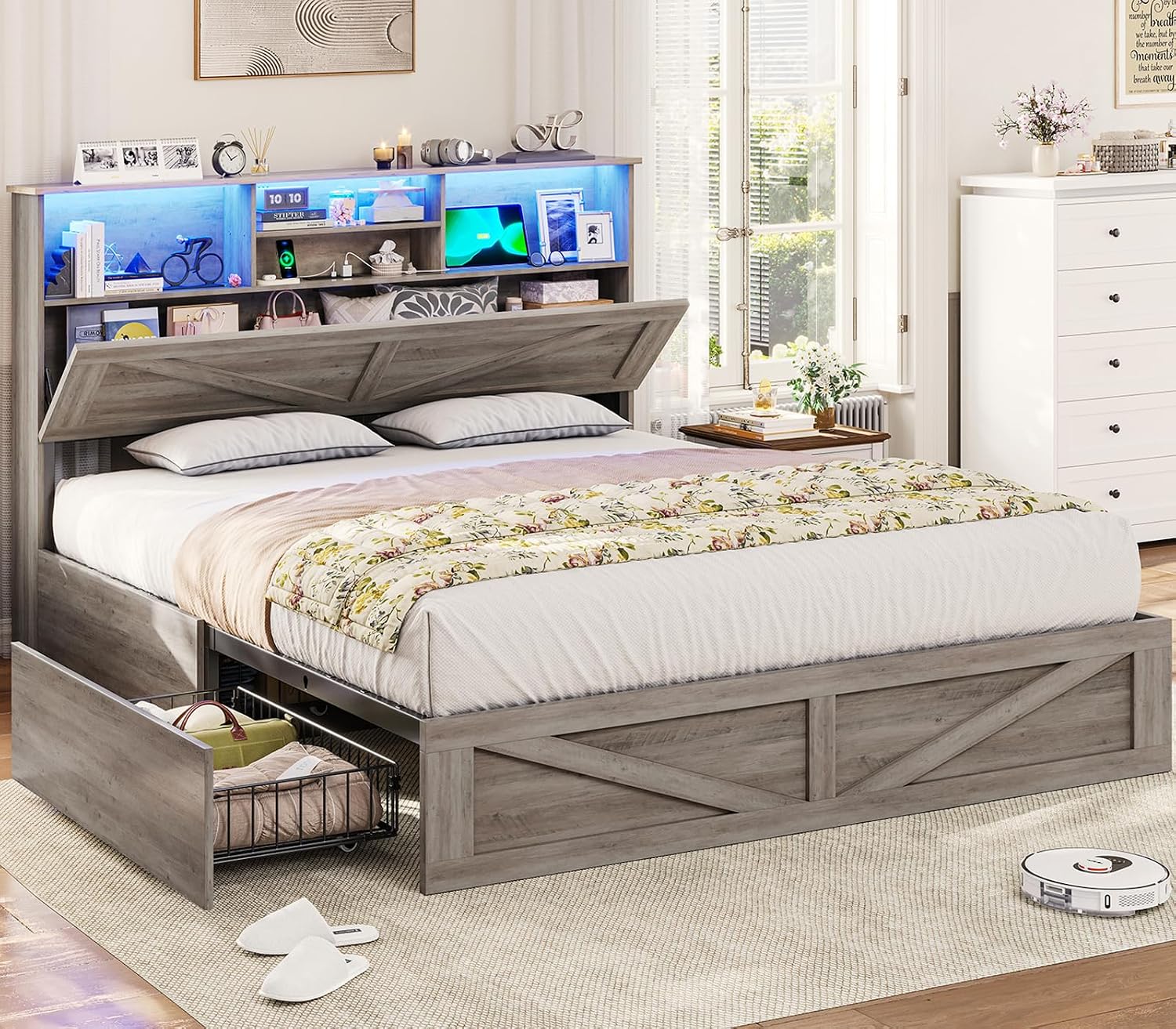 VIAGDO Farmhouse Bed Frame Queen Size with Bookcase Storage Headboard, Charging Station and LED Lights, Wooden Queen Bed Frame with 4 Drawers, Barn Door Design, No Box Spring Needed, No Noise, Grey