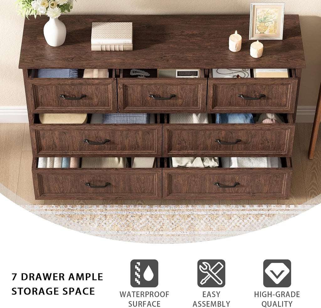 CARPETNAL Farmhouse Dresser and Nightstand Sets for Bedroom, 3 Pcs Bedroom Set, 7 Drawer Dresser & Nightstand Set of 2, Modern Wood Chest of Drawers for Bedroom, Living Room, Entryway, Brown