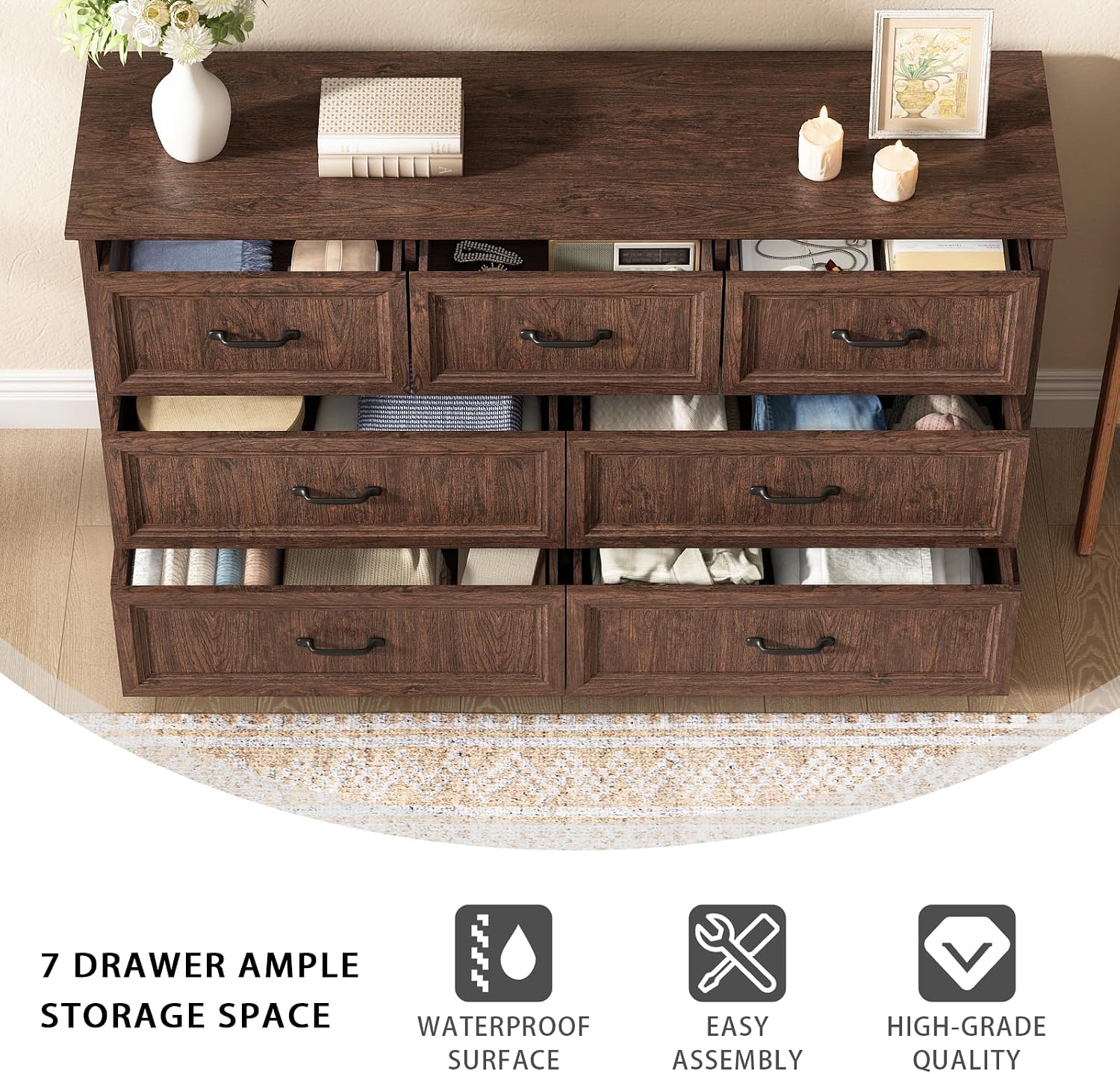 CARPETNAL Farmhouse Dresser and Nightstand Sets for Bedroom, 3 Pcs Bedroom Set, 7 Drawer Dresser & Nightstand Set of 2, Modern Wood Chest of Drawers for Bedroom, Living Room, Entryway, Brown