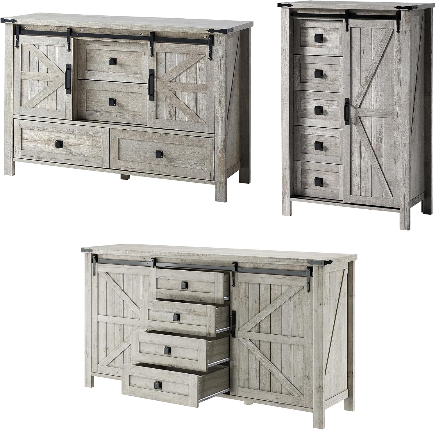 LUXOAK 3 Pieces Bedroom Set - Includes 60' Farmhouse Dresser, 48' Chest of Drawers with Sliding Barn Doors, 48' Tall Storage Cabinet with 5 Drawers, Rustic Grey