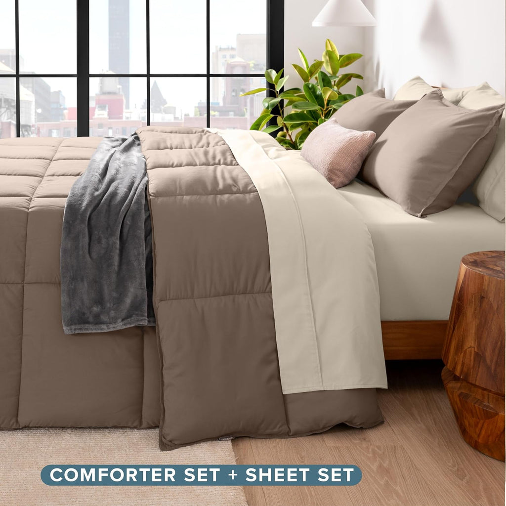Bare Home Bed-in-A-Bag 8 Piece Comforter & Sheet Set - Split King - Goose Down Alternative - Ultra-Soft 1800 Premium Bed Set (Split King, Taupe/Sand)