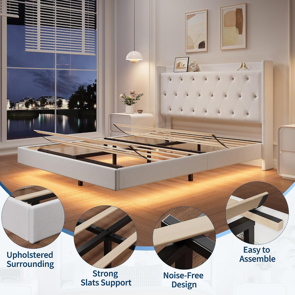 IDEALHOUSE Queen Size Bed Frame with LED Lights, Floating Platform Bed with Velvet Upholstered Storage Headboard, No Box Spring Needed, Noise Free, Easy Assembly