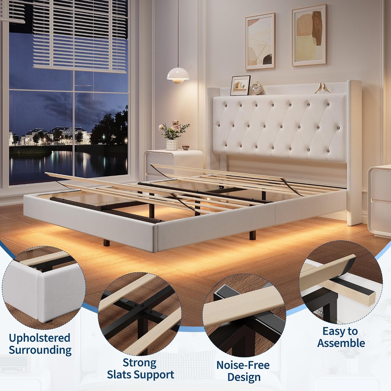 IDEALHOUSE Queen Size Bed Frame with LED Lights, Floating Platform Bed with Velvet Upholstered Storage Headboard, No Box Spring Needed, Noise Free, Easy Assembly