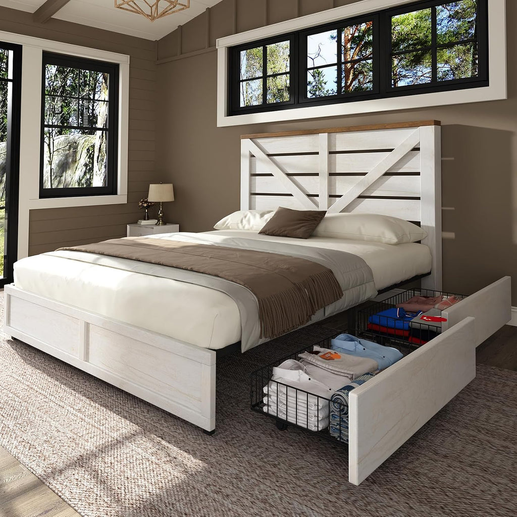 AMERLIFE 3 Piece Bedroom Set Including Farmhouse Full Size Bed Frame with 4 Drawers, Nightstands Set of 2 with Charging Station for Bedroom, White