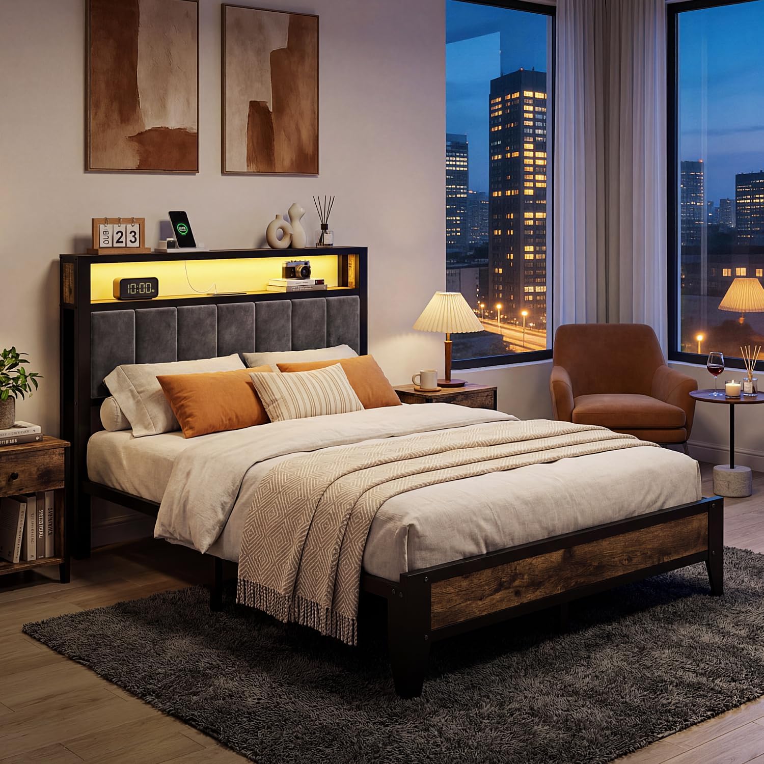 OLEVS Full Bed Frame Metal Platform Bed Queen Size with 2-Tier Storage & LED Light Headboard & Footboard, Charging Station Type C, No Box Spring Needed