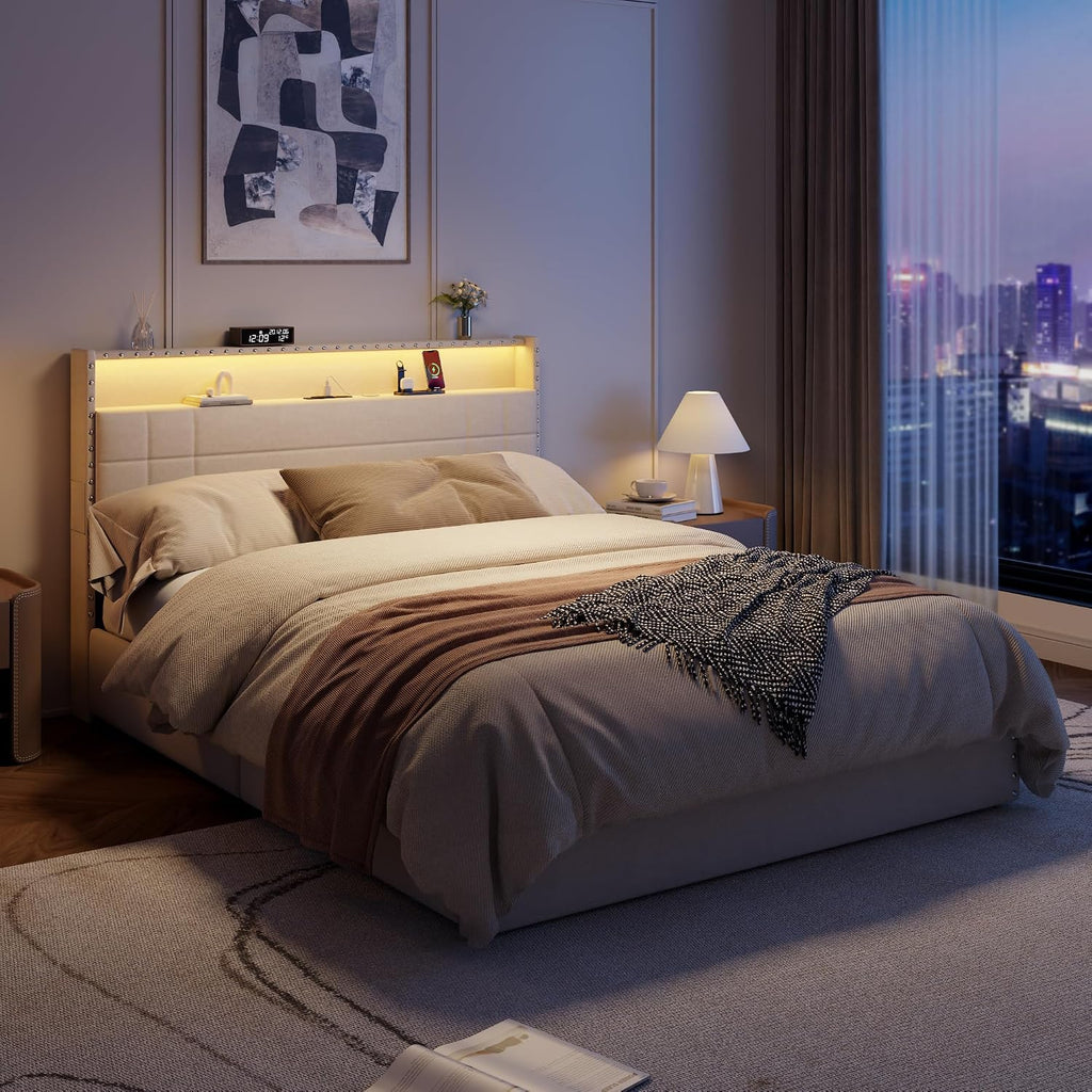 Forestell Full Size Bed Frame with 4 Drawers and Storage Headboard, Upholstered Platform Bed Frame Full Size with LED Lights and Charging Station, Metal Slats Support, No Box Spring Needed, Beige