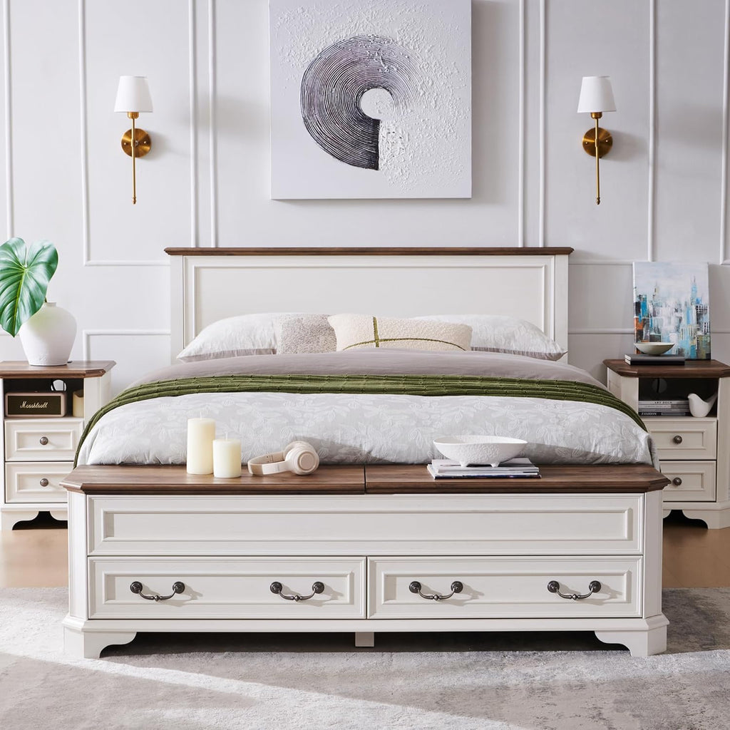 T4TREAM Farmhouse Queen Bed with Headboard and Storage Bench, Rustic Wood Platform Bed with 64' Storage Chest w/ 4 Large Drawer (Antique White)