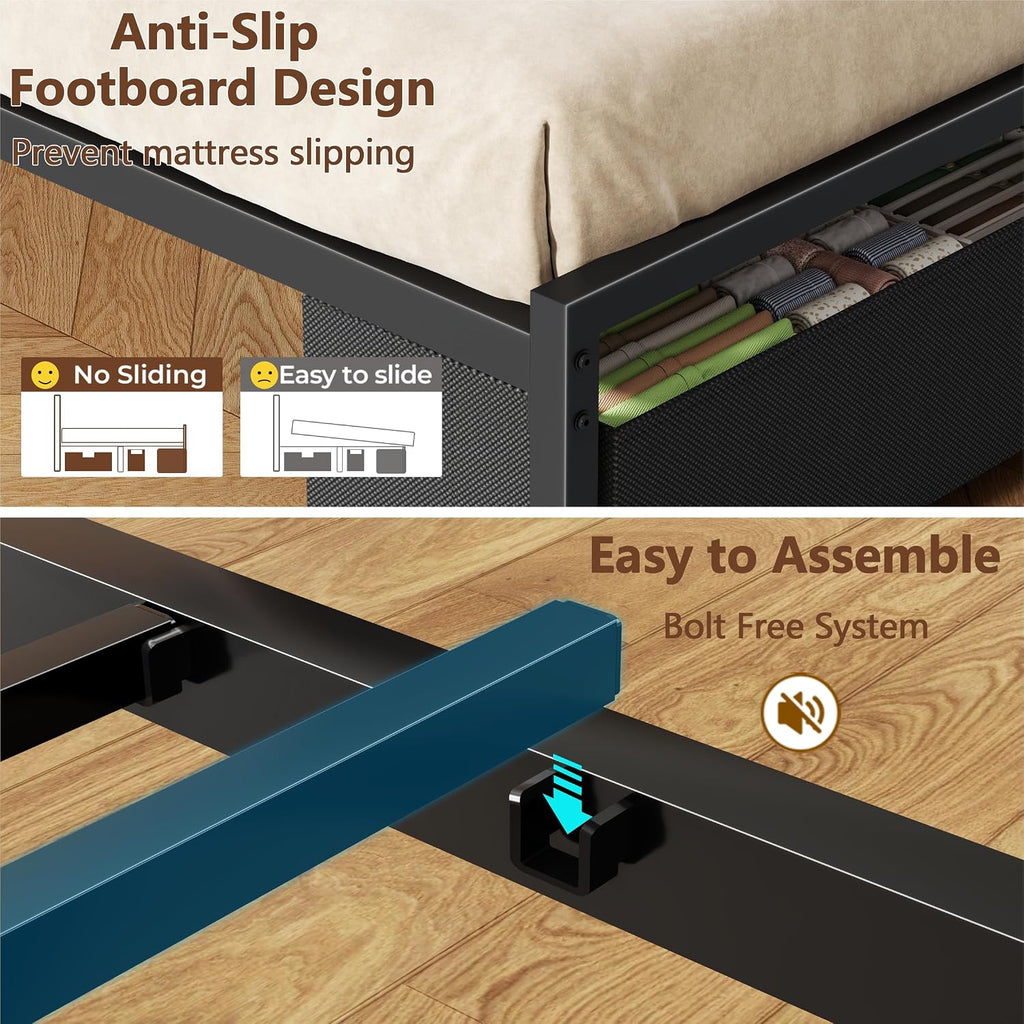 Furnulem Queen Bed Frame with Charging Station and LED Lights, Upholstered Headboard, Metal Platform Bed with 2 Fabric Storage Drawers, Noise Free, No Box Spring Needed, Gery