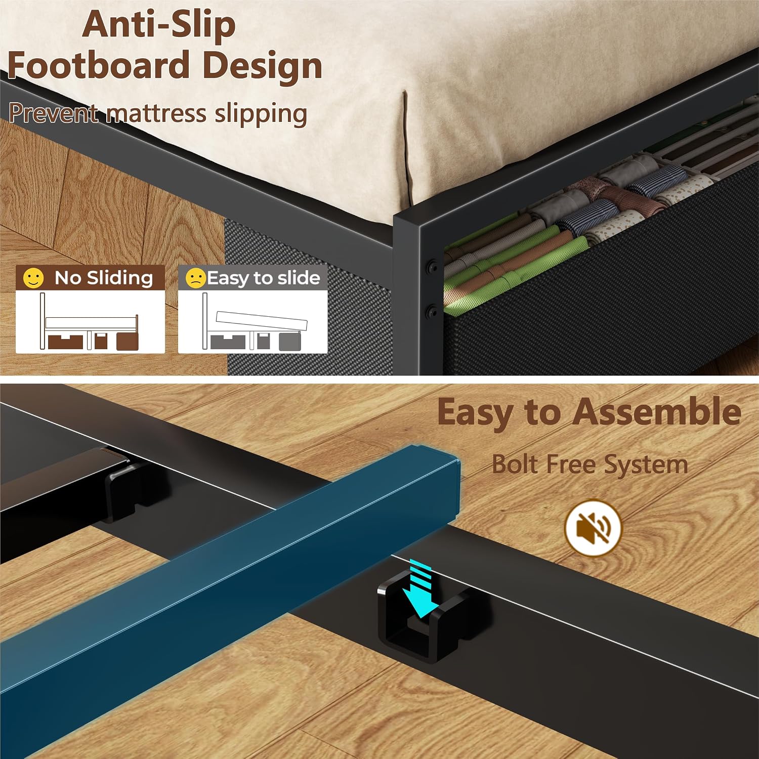 Furnulem Queen Bed Frame with Charging Station and LED Lights, Upholstered Headboard, Metal Platform Bed with 2 Fabric Storage Drawers, Noise Free, No Box Spring Needed, Gery