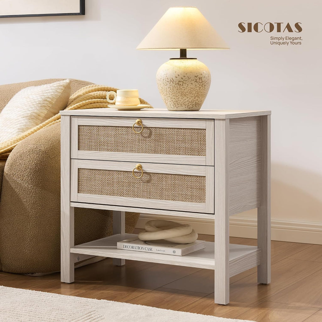 SICOTAS 26.7' Wide Boho Rattan Nightstand, White Oak Bedside Table with 2 Drawers & Open Shelf, Large Side Table for King Size Bed, Modern Coastal Accent Table for Bedroom