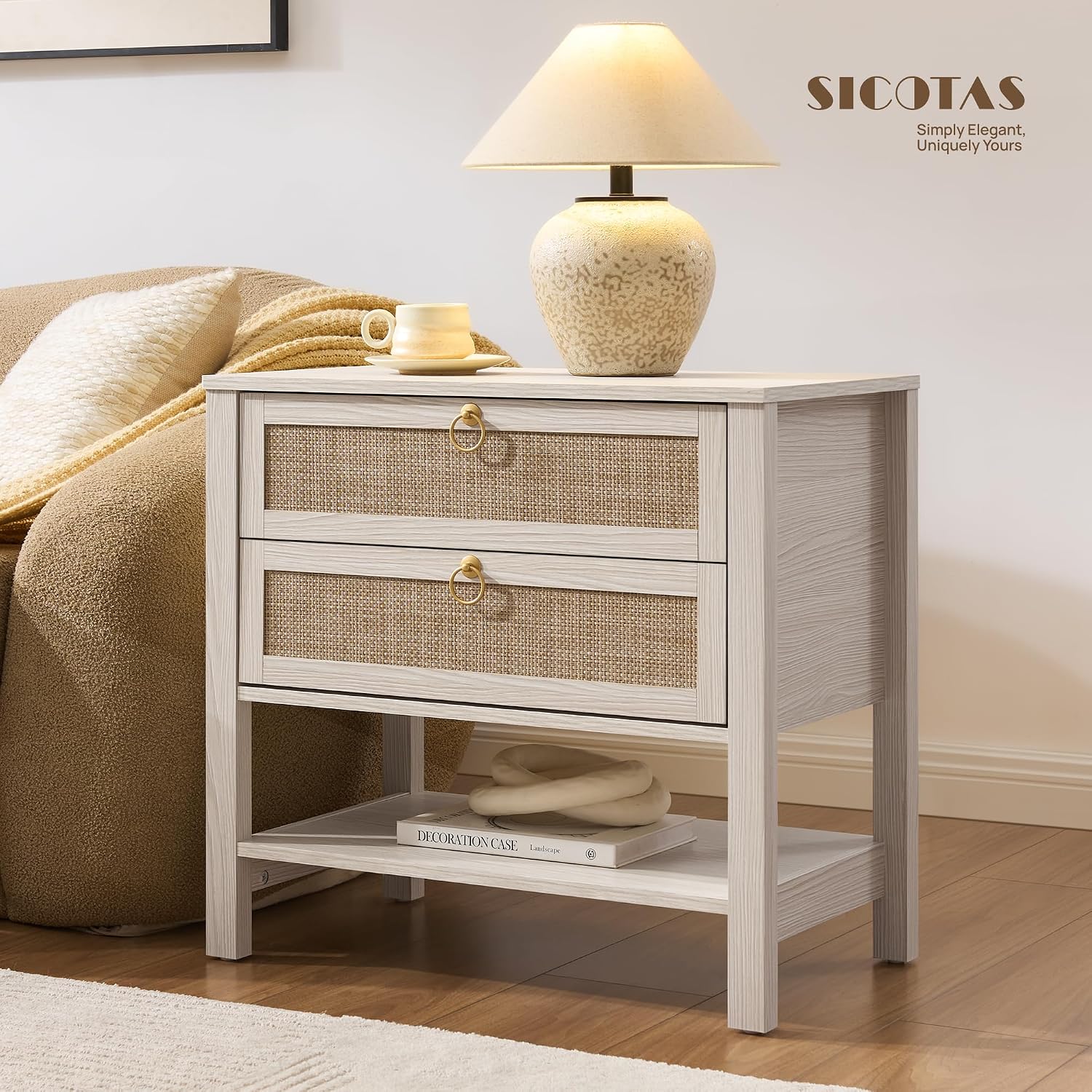 SICOTAS 26.7' Wide Boho Rattan Nightstand, White Oak Bedside Table with 2 Drawers & Open Shelf, Large Side Table for King Size Bed, Modern Coastal Accent Table for Bedroom