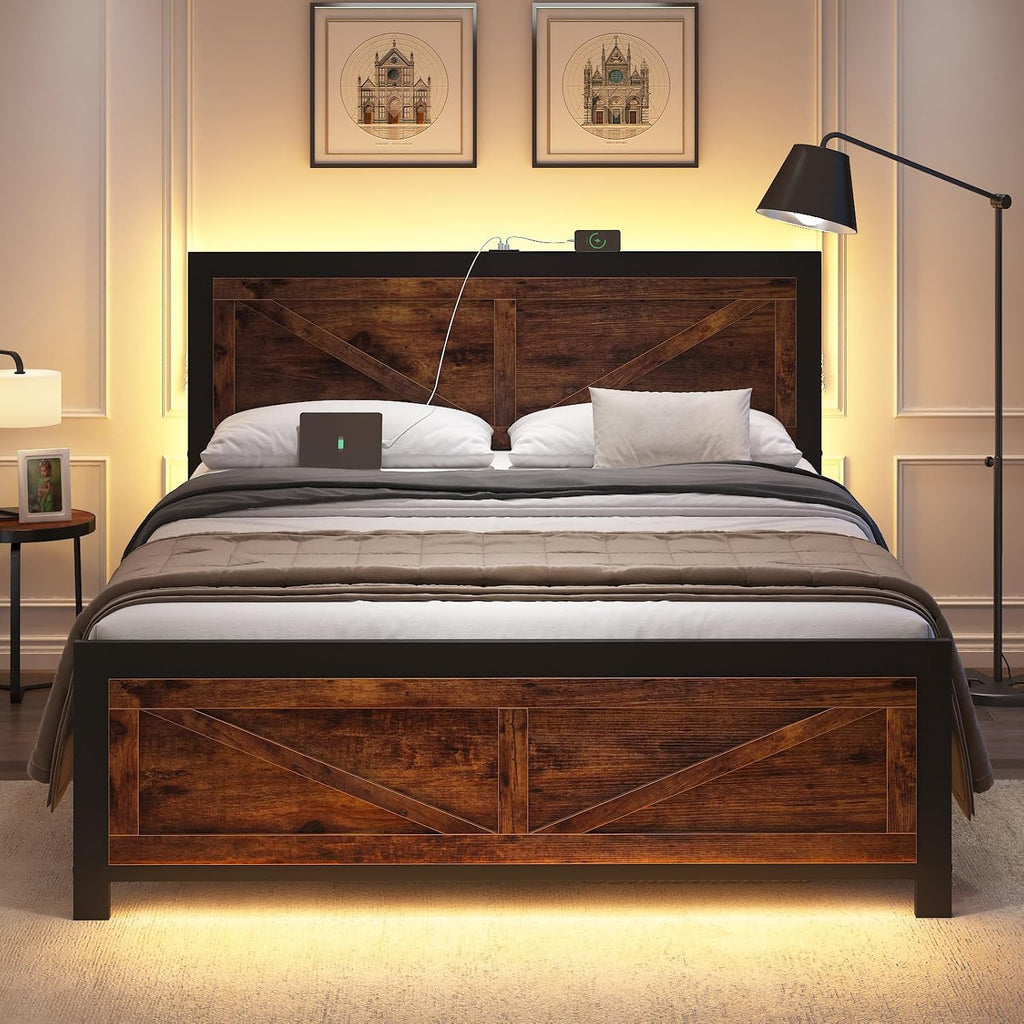 DOGIBIXO Led Bed Frame Queen Size with USB Charging Station, Industrial Platform Bed Frame with Farmhouse Barn Door Headboard, Strong Metal Slats Support, Noise Free, No Box Spring Needed, Brown